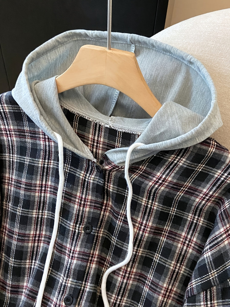 Plus Size, Spring Women's New Arrival Clothing, Autumn Women's Fashion Casual Wear, Plaid Hooded Long-Sleeve Shirt, Plus Size Women's Shirt, Oversized Top, Autumn Hooded Cardigan, Fashion Plaid Shirt, Korean Style Women's Clothing, Women's Winter - Brick Red