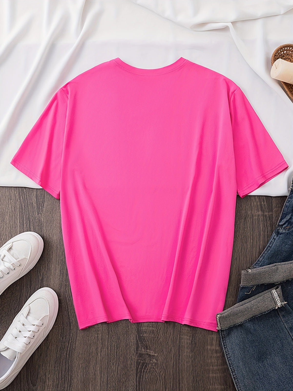 Pattern Print Short Sleeve, Casual Round Neck T-Shirt, Standard Size Women's - Rose Red