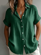 Women's Elegant Vacation-style Short-sleeve Top, Loose and Relaxed Shirt, Commuting Casual Literary Style, Figure-flattering, Daily Temperament Style, Loose and Draping, Breathable and Comfortable - Dark Green
