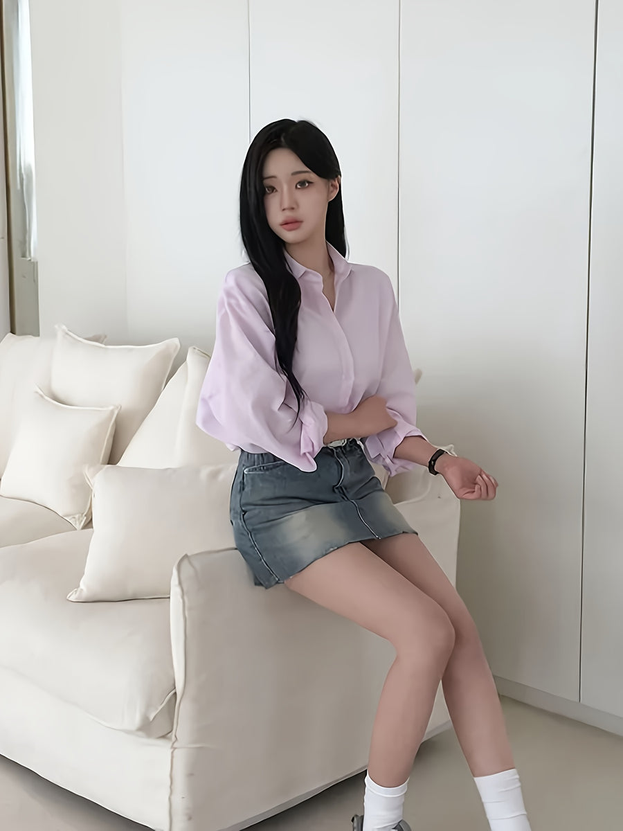 Women'S Shirt Summer New Loose Casual Versatile Single-Button Blouse Sunscreen Jacket Top - Pink