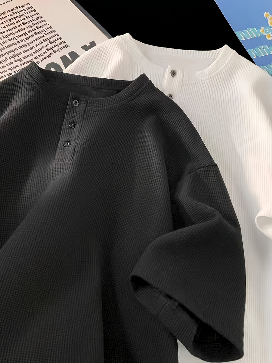 2-pc Men'S Waffle-Knit Henley T-Shirts, 3-Button Crew Neck, Loose Fit Clean Fit Streetwear Summer Short Sleeve Tops - White+black