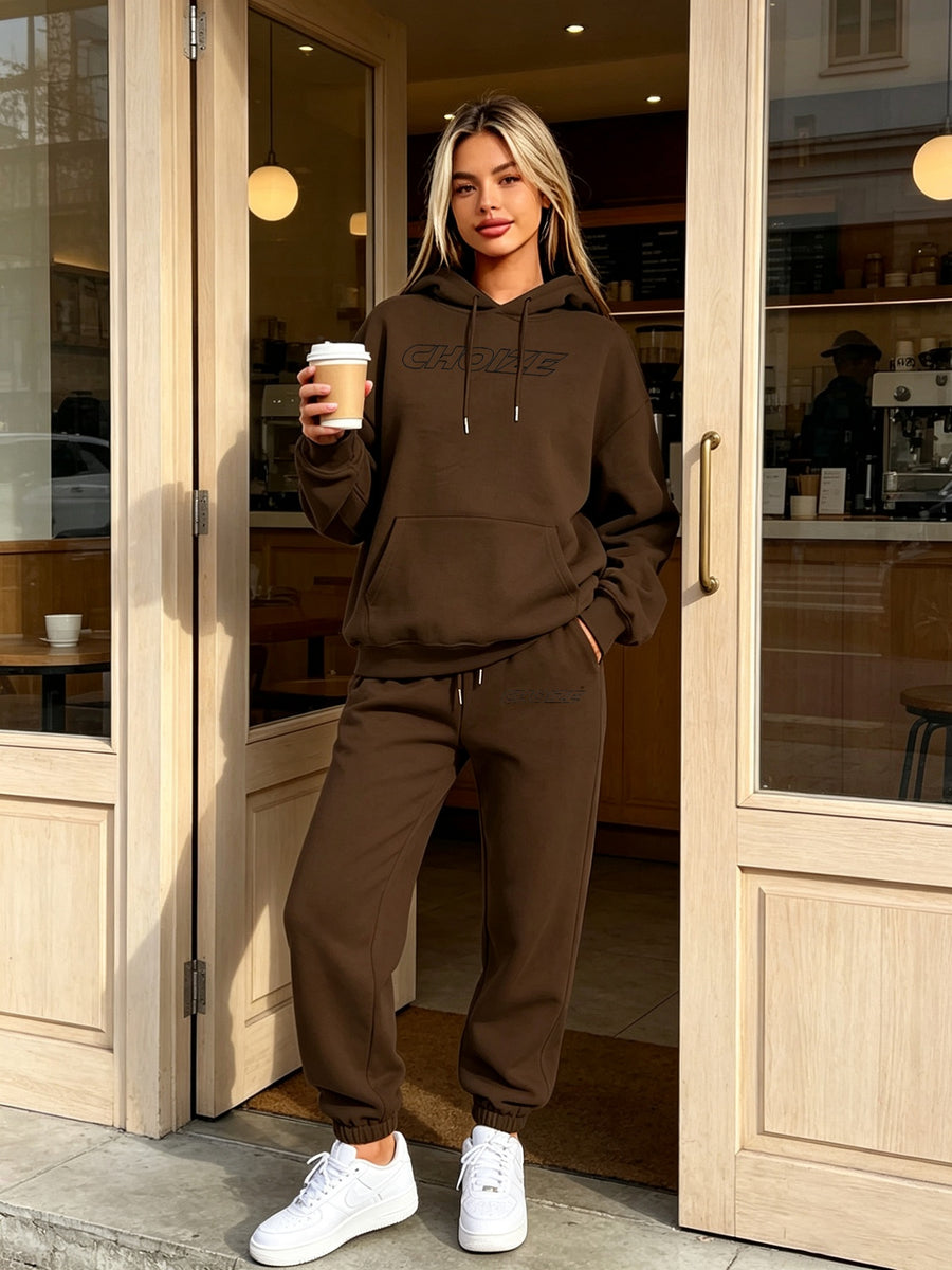 Winter Hooded Sweatshirt 2pcs Set Glitch_Style_Girl_Outline - Coffee Color