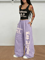 American Street Style California Los Angeles Letter Pattern Print, Women'S 2Pcss Set, Women'S Crop Top And Vest Top And Loose Waist Drawstring Casual Athletic Wide Leg Long Pants Women'S 2Pcss Set - Black+Purple