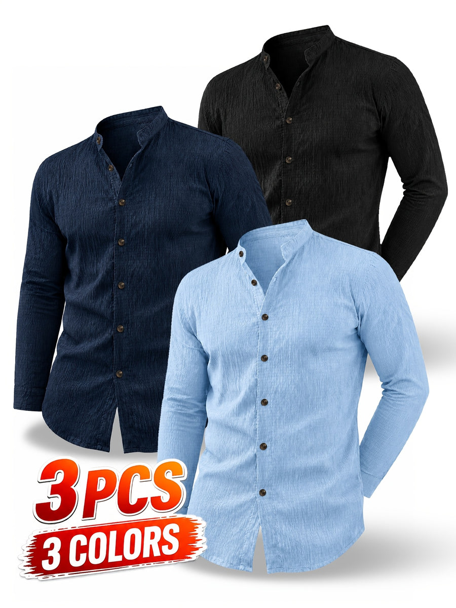 [Know And Give OBM] 3pcs Men'S Casual Long Sleeve Shirts - Lightweight Breathable Solid Color Stand Collar Summer Shirts, Adjustable Cuff with Double Buttons, Suitable for Beach Vacations, Pool Parties, And Outdoor Activities, Ideal Gift - Navy Blue + Blue + Black
