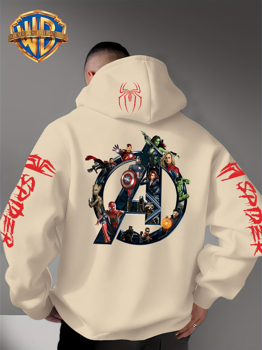 Men'S Trendy Fall Hoodie, American Superhero Collection Print Hooded Sweatshirt, Unisex Loose Street Style Casual Top. Casual Daily Style with Drawstring Design, Long Sleeve Knit Sweater, Machine Washable, Perfect for Casual, Athletic - Apricot