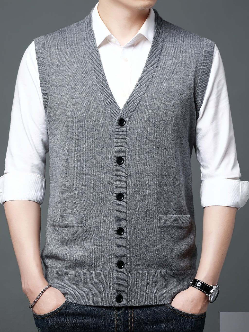 Autumn Winter Men'S Knit Cardigan Vest Men'S Casual Solid Color Pocketed Knit Vest Men'S V-Neck Open Front Sleeveless Sweater - Grey