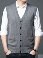 Autumn Winter Men'S Knit Cardigan Vest Men'S Casual Solid Color Pocketed Knit Vest Men'S V-Neck Open Front Sleeveless Sweater - Grey