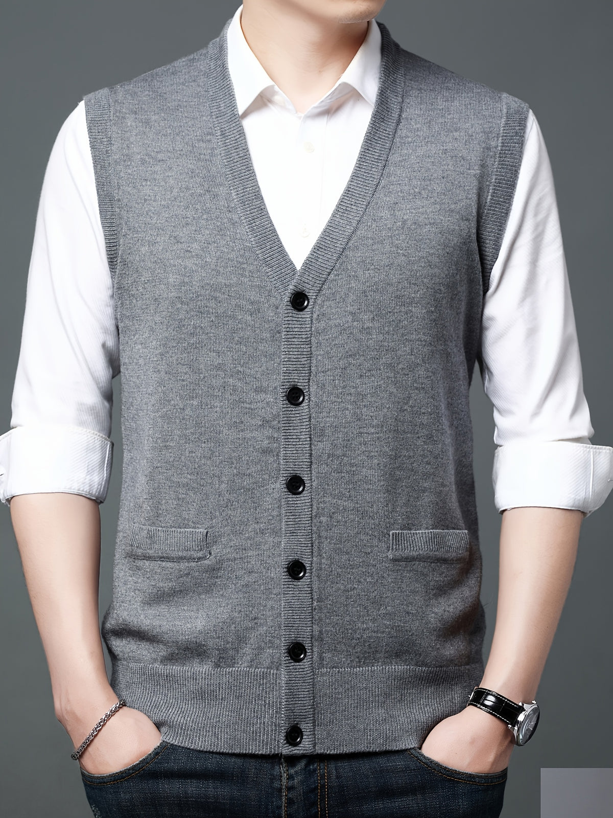 Autumn Winter Men'S Knit Cardigan Vest Men'S Casual Solid Color Pocketed Knit Vest Men'S V-Neck Open Front Sleeveless Sweater - Grey