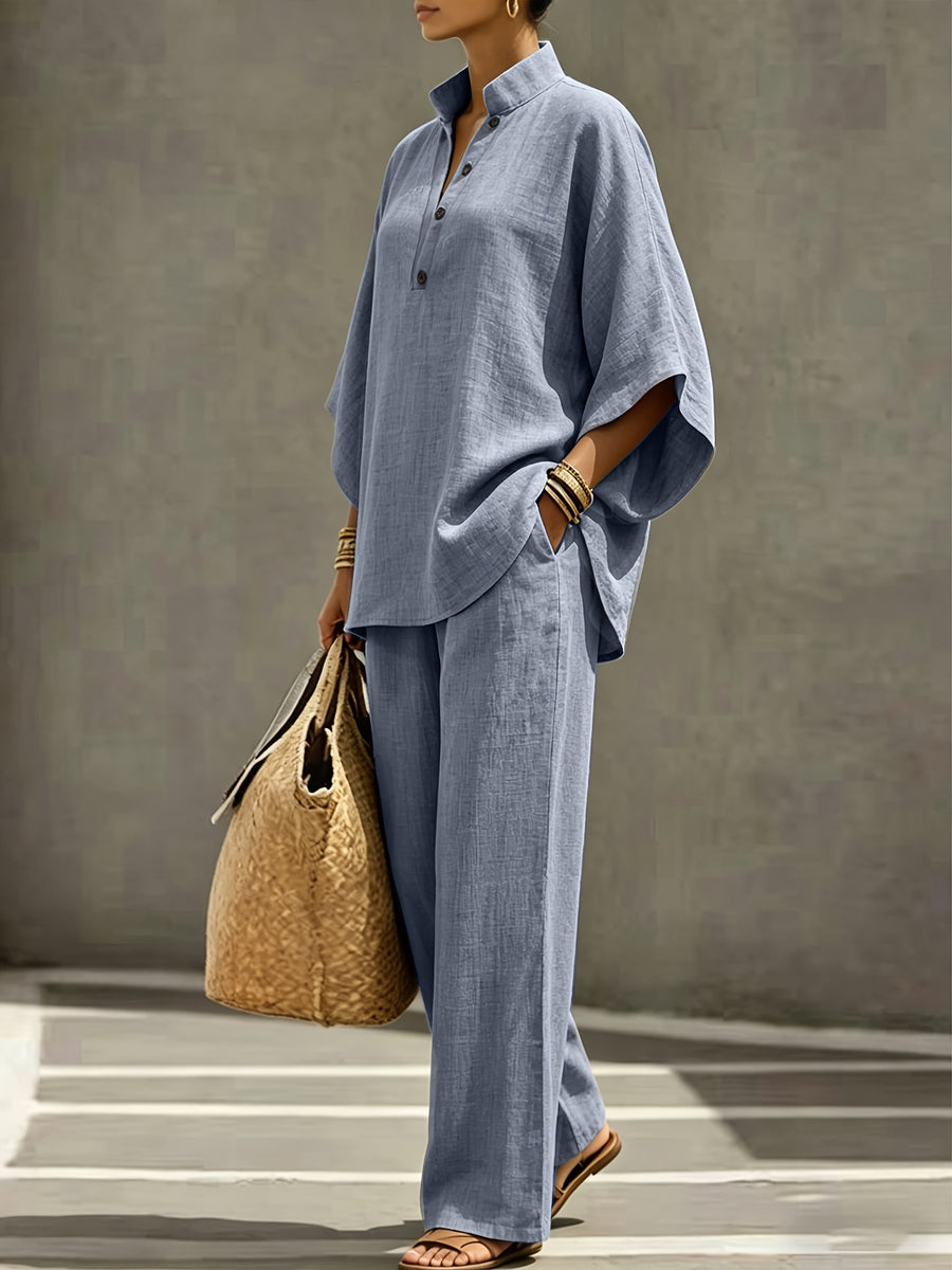[PLMM] Spring Autumn Winter Women'S Fabric Button Short Collar Fashion Casual Two-Piece Long Pants Set - Graphite Color