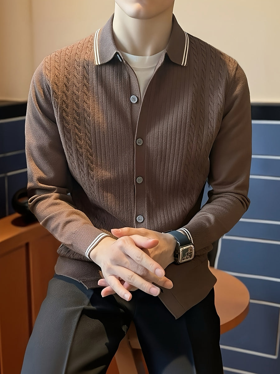 Men's Fashion Color-Block Knit Cardigan, Lightly Mature Design with Twisted Pattern and Warm Collar Sweater - Camel