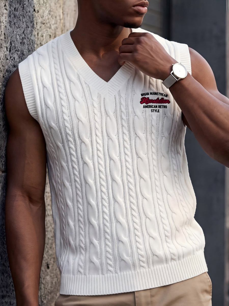 Western Men'S Back-To-School American Preppy Style Jacquard Embroidered V-Neck Knit Vest, Campus Commute Layering for Spring/Autumn - White