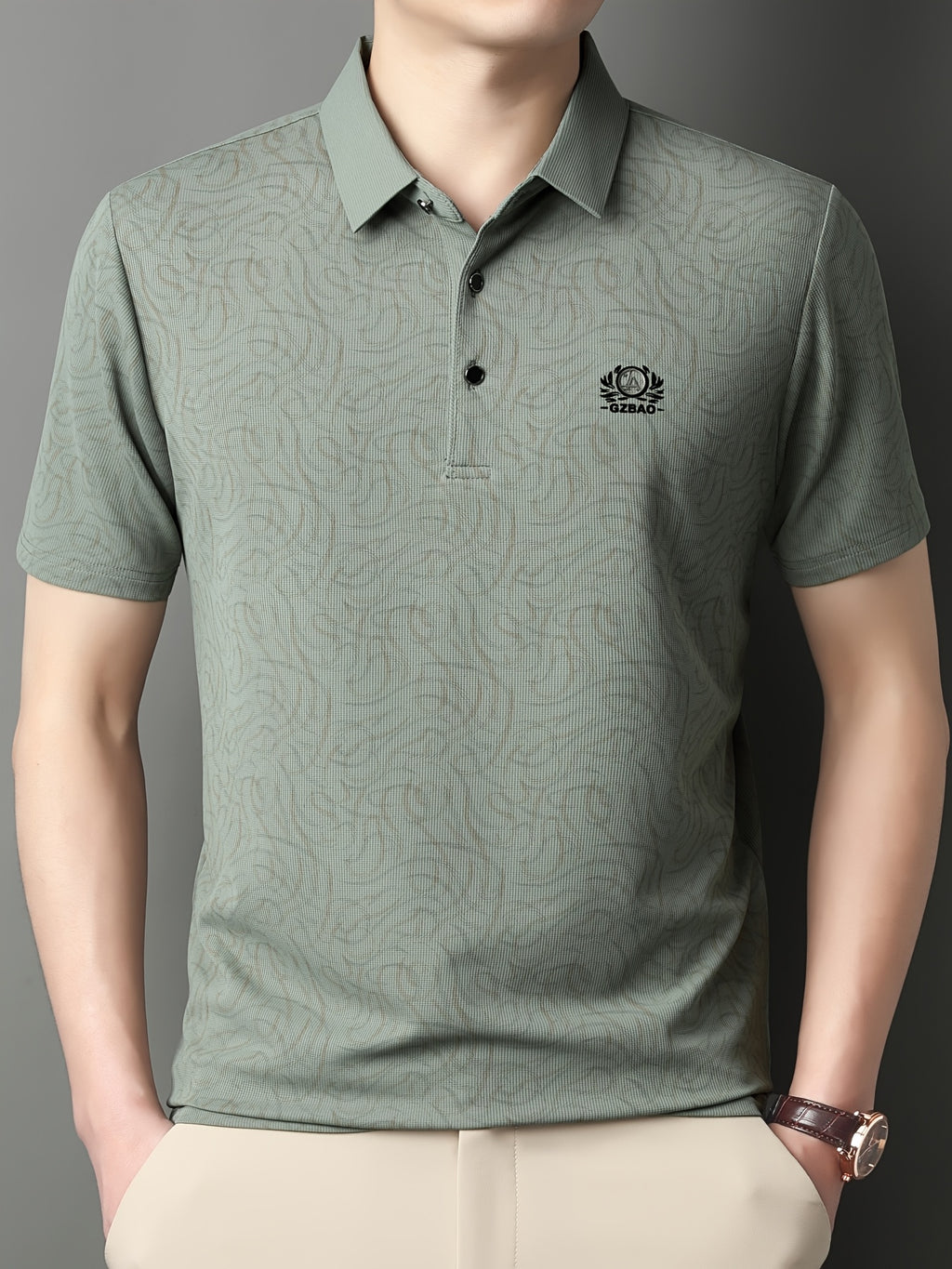 [Saa Xing OBM] 1pc Spring/Autumn New Men'S Polo Shirt, Old Money Style Textured Contrast Print Half-Button Collar Short Sleeve T-Shirt, Fashionable And Versatile Pullover Base Layer Top, Suitable for Spring, Summer, Autumn Wear, Fits Daily Casual - Bean Green