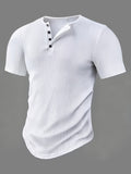 Men's CLQWE Short-Sleeve Henry Shirt - Single-Breasted Button-Up Summer Casual Blouse, Round Neck Solid Color, Machine-Washable Textured Elastic Fabric Suitable for Casual Outfits, Office & Semi-Formal Events - White
