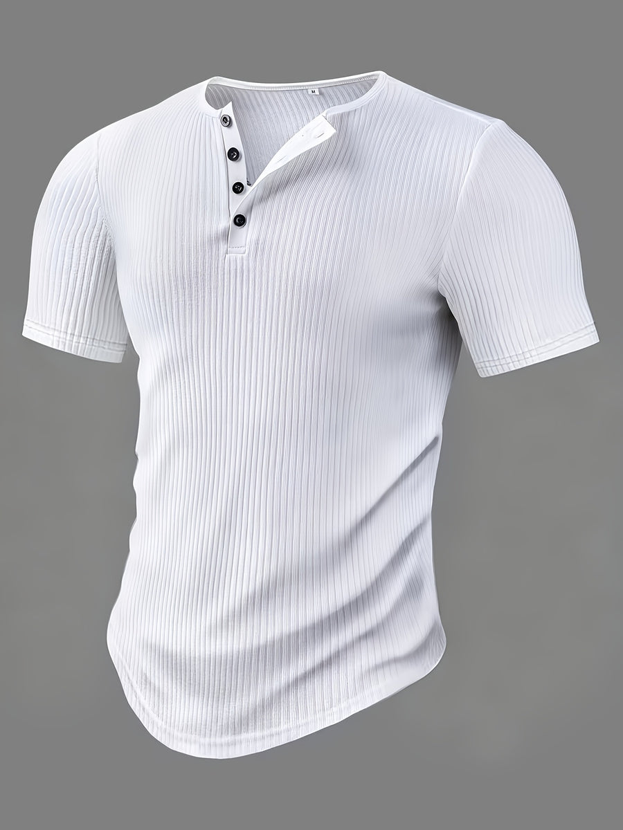 Men's CLQWE Short-Sleeve Henry Shirt - Single-Breasted Button-Up Summer Casual Blouse, Round Neck Solid Color, Machine-Washable Textured Elastic Fabric Suitable for Casual Outfits, Office & Semi-Formal Events - White