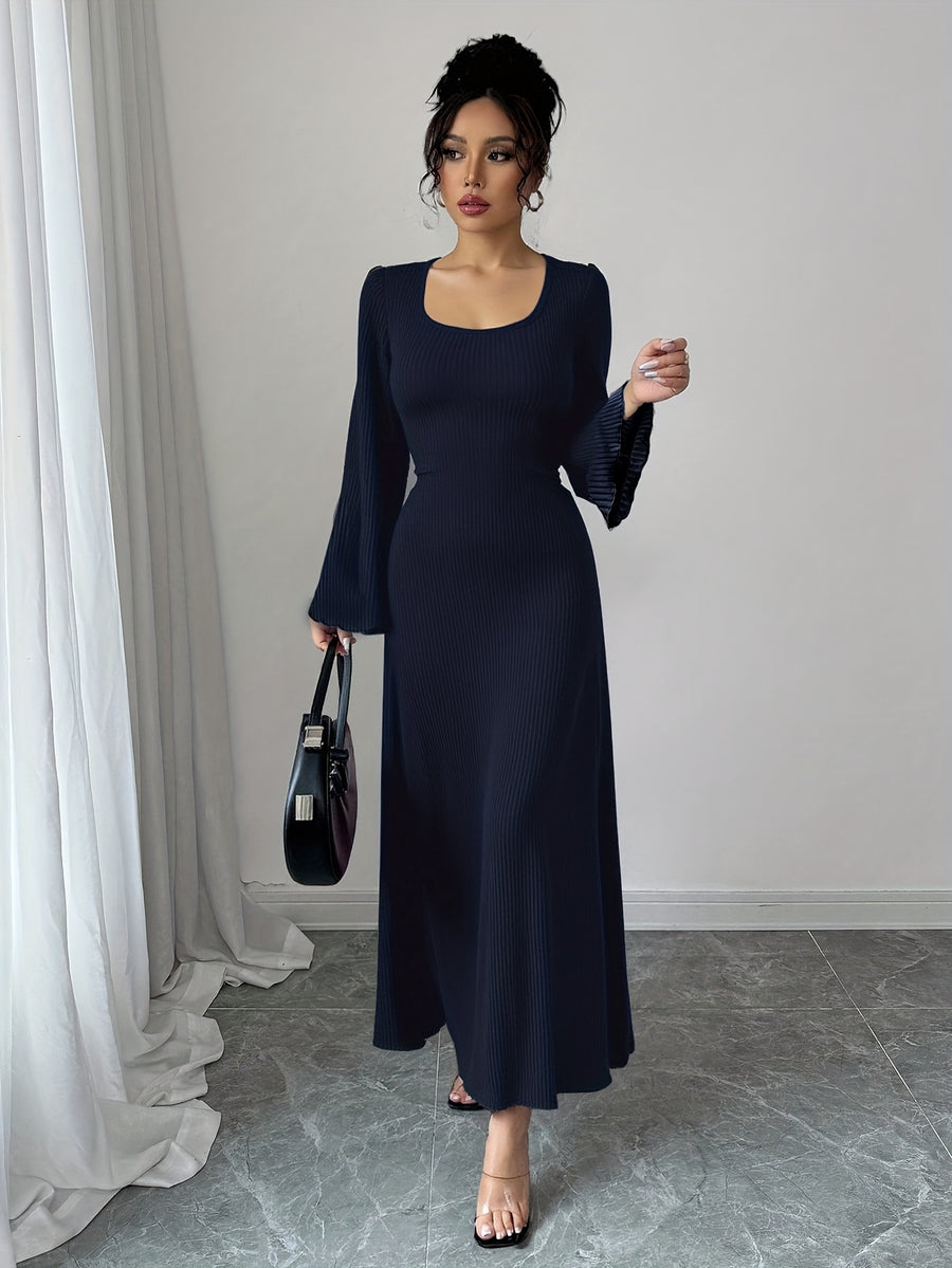 Women'S Solid Ribbed Flared Sleeve Back Tie Traditional Long Dress Elegant Long Dress - Deep Blue