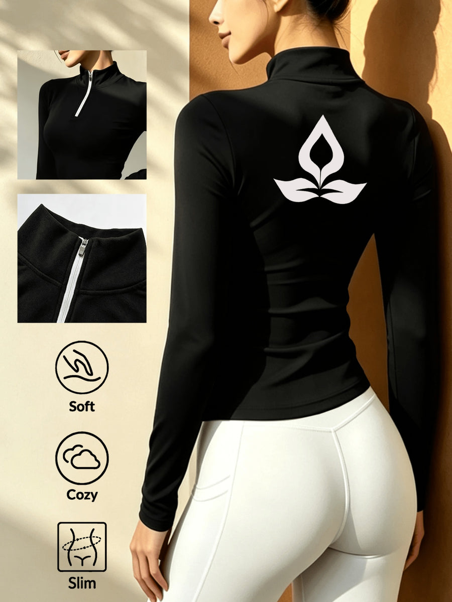 Stand-Collar Half-Zip Long Sleeve T-Shirt, Autumn Winter Warm Semi-High Neck Base Layer Top - Black