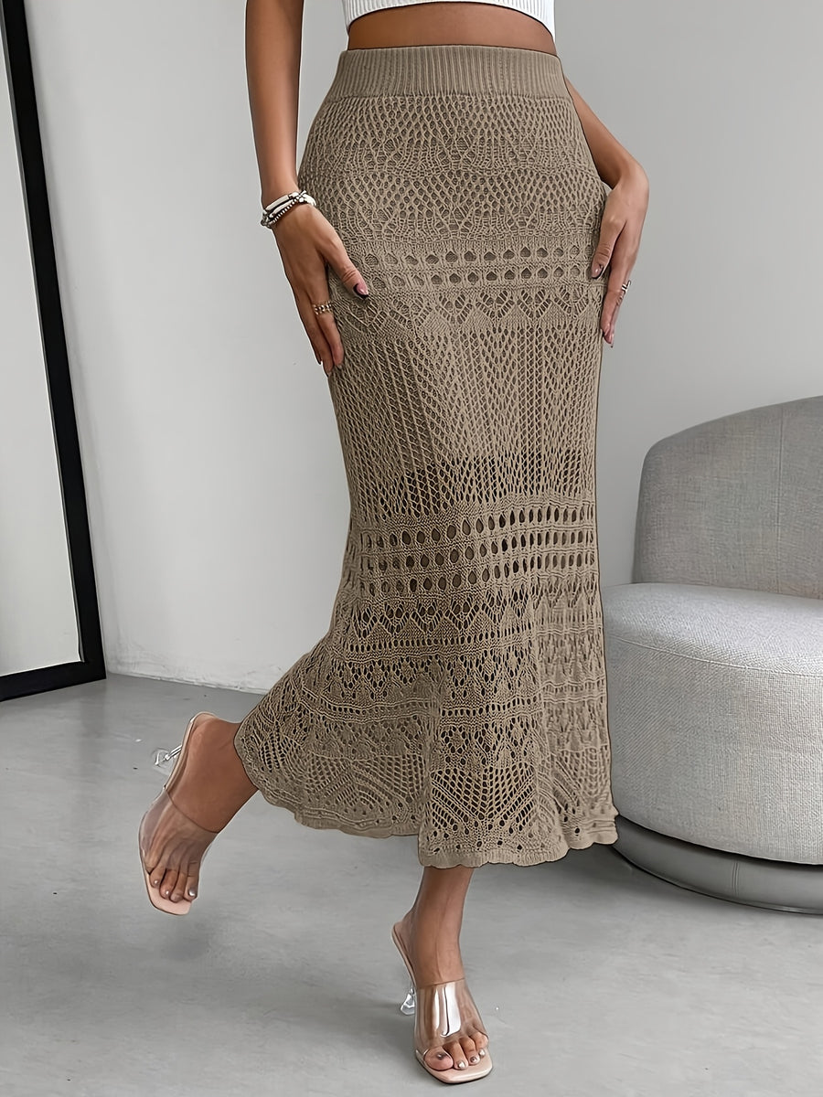 Women's Solid Color Hollow-Out Long Elegant Dress, Suitable for Summer, Spring, Summer Beach Vacation Style, Daily Casual Wear - Khaki