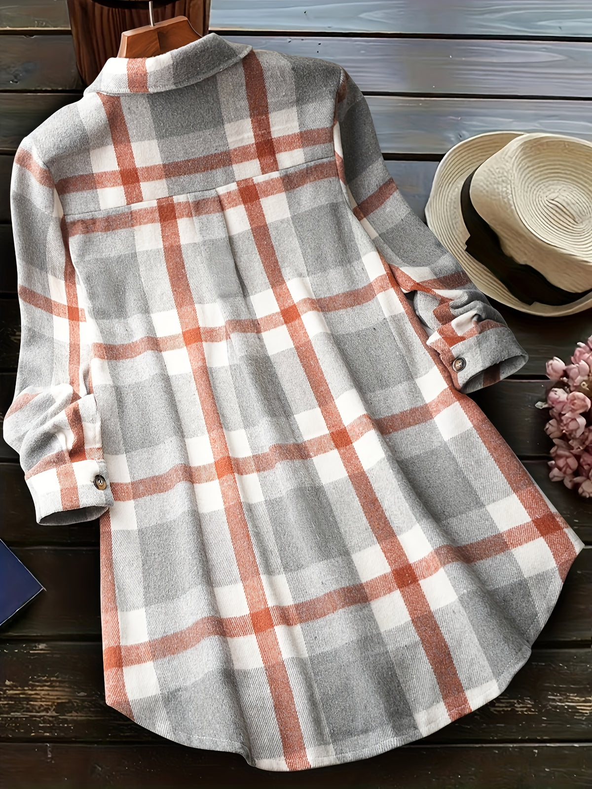 Fashion Women's Plaid Casual Shirt Jacket - Grey