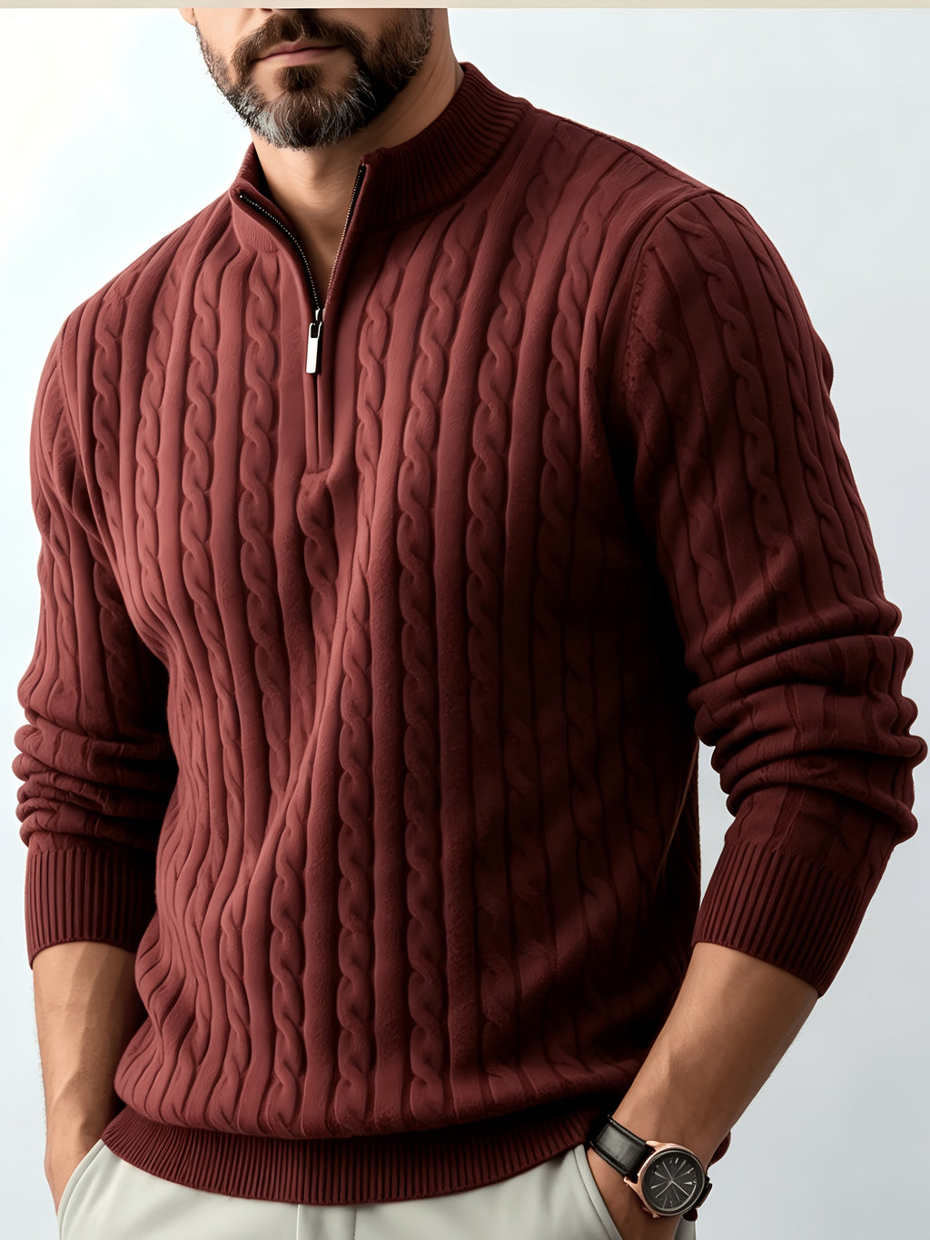 Men's Relaxed-fit Spring and Autumn Style with a Chic Half-zipper Design for a Casual, Laid-back Look. The Exquisite Cable-knit Texture Adds a Vintage Touch, While the Solid Color Offers a Calm and Sophisticated Vibe, Perfect for Creating a Casual - Burgundy