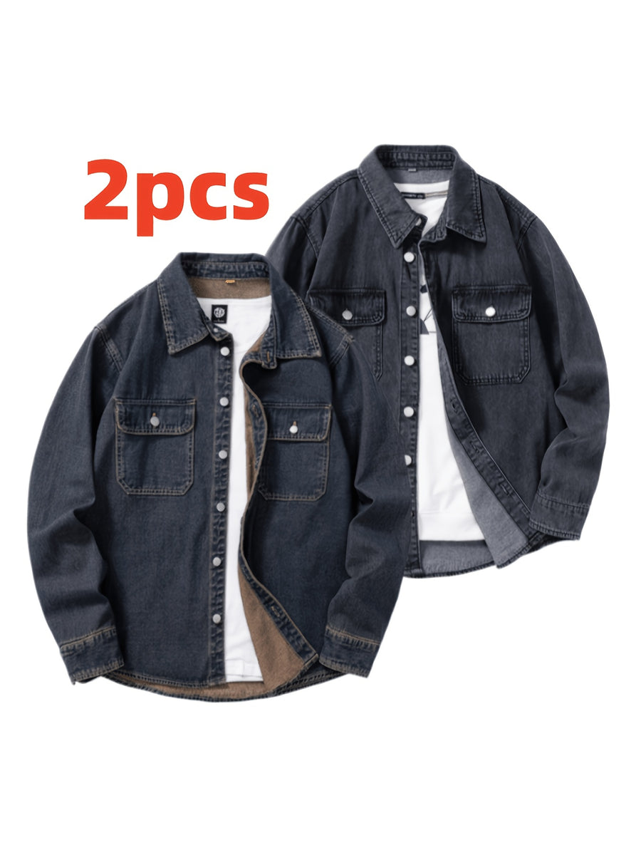 Men's Two-pc Non-Stretch Denim Shirts, Vintage Washed Workwear Long Sleeve Loose Fit Versatile Casual Jackets - Nostalgia + Black-Gray