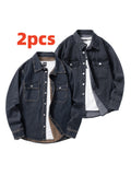 Men's Two-pc Non-Stretch Denim Shirts, Vintage Washed Workwear Long Sleeve Loose Fit Versatile Casual Jackets - Nostalgia + Black-Gray