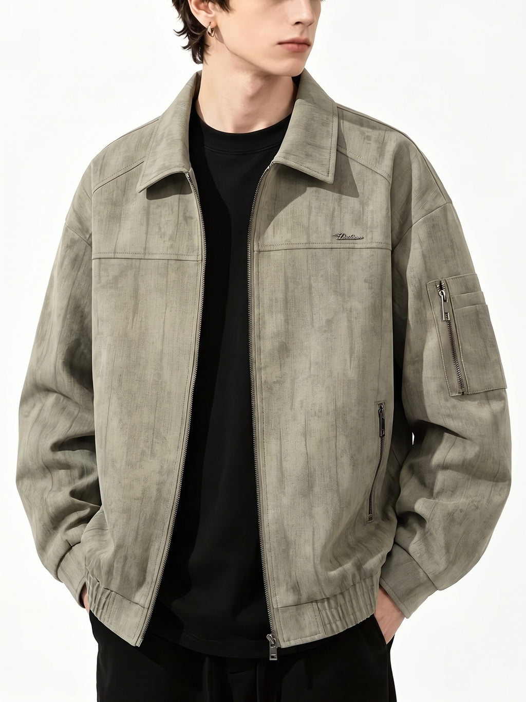 Men's Streetwear Workwear Style Lapel Jacket with Vintage Texture, Full-Zip Casual Outerwear, Multi-Zipper Practical Pocket Design, Regular Fit for Comfort and Versatility. This Casual Coat Is Suitable for All Occasions in Spring and Autumn - Olive Green Color