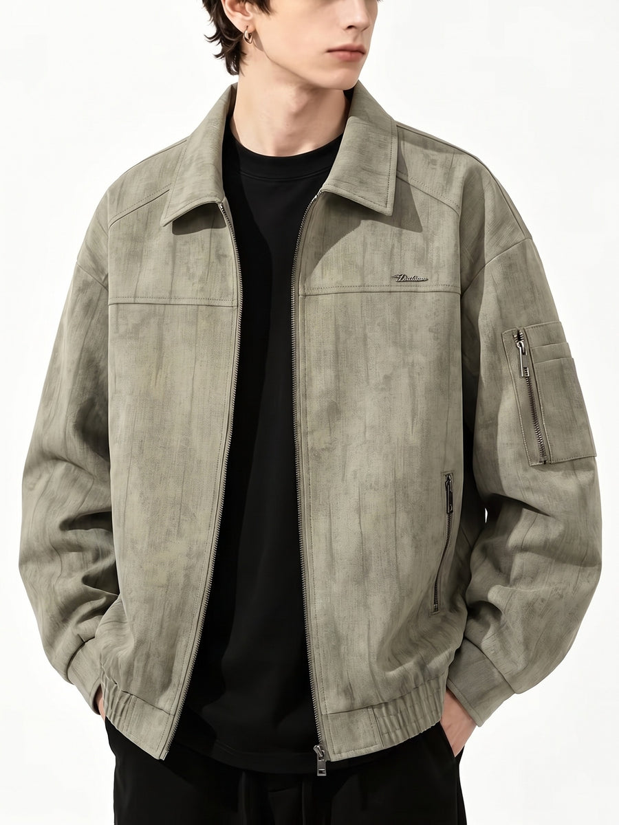 Men's Streetwear Workwear Style Lapel Jacket with Vintage Texture, Full-Zip Casual Outerwear, Multi-Zipper Practical Pocket Design, Regular Fit for Comfort and Versatility. This Casual Coat Is Suitable for All Occasions in Spring and Autumn - Olive Green Color