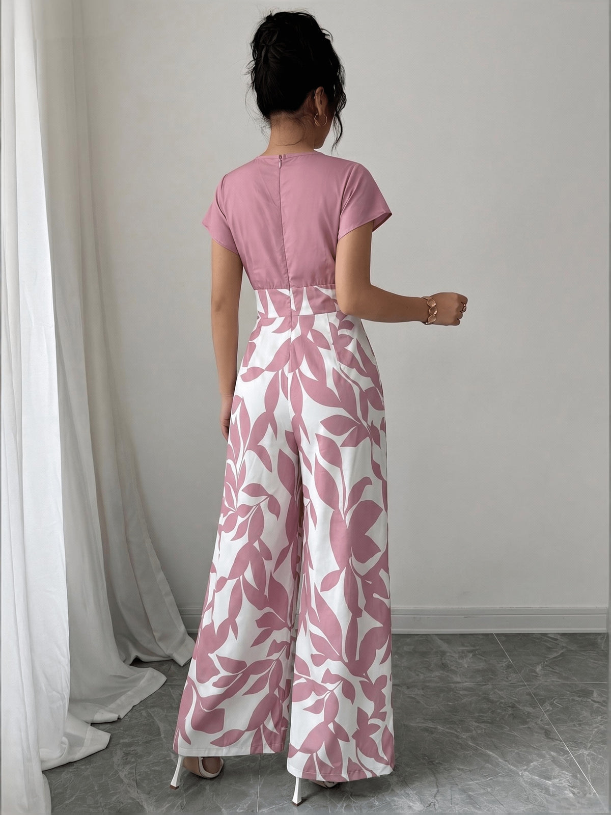 New Elegant Fashion Printed V-Neck Waist Stitching Contrast Color Jumpsuit - Mixed colors
