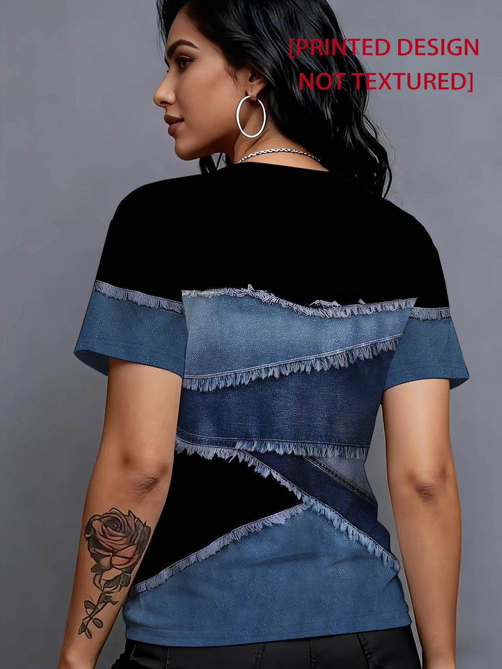 [Printed Pants - Not Denim Fabric]Printed Design - Non-Textured. This T-Shirt Features a Faux Denim-Like Frayed Edge And Is a Stylish Choice for Women, Perfect for Casual Outings And Versatile Enough for Commuting - Mixed Color 1