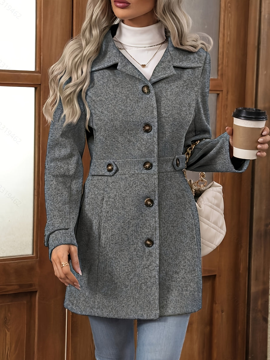 Elegant Women's Fashion Tweed Coat, Stylish Waist-Cinching Mid-Length Solid Color New Autumn/Winter Overcoat - Grey