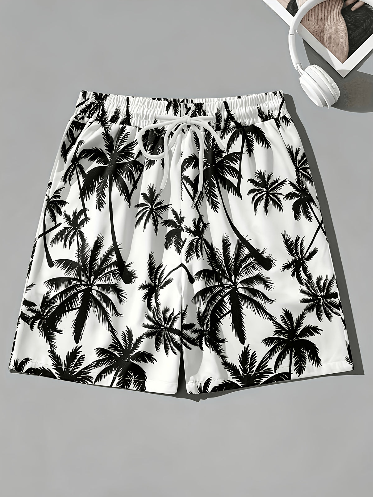 Digital Print Women's Shorts - New Women's Fashionable and Versatile Black and White Coconut Tree Print Drawstring Shorts, Loose and Breathable Casual S Shorts for Spring and Summer - Mixed colors