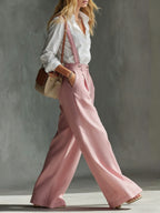 Spring and Autumn High-Waist Pleated Suspender Pants, Vintage Temperament Commuter Casual Trousers - Pink Color
