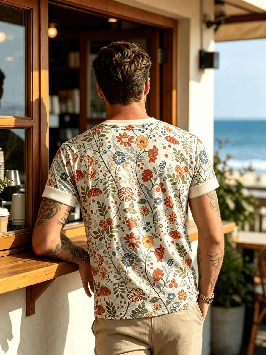Trendy Colorful Plant Men'S T-Shirt, Summer Round Neck Breathable Style, Individual Retro Look, Casual Commute Wear - Mixed colors