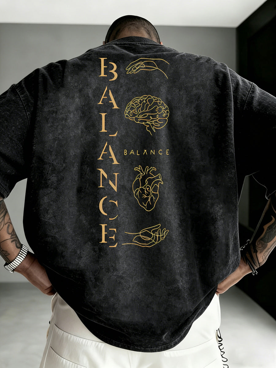Men'S Distressed BALANCE Balance Print T-Shirt, Regular Casual Round Neck Short Sleeve, Minimalist Niche Trendy Top - Black