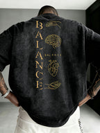 Men'S Distressed BALANCE Balance Print T-Shirt, Regular Casual Round Neck Short Sleeve, Minimalist Niche Trendy Top - Black
