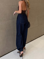 American-style Relaxed Fit Denim Jeans, Fashionable Casual Vintage Versatile Elastic Cuffed Denim Pants Without a Belt - Deep Blue