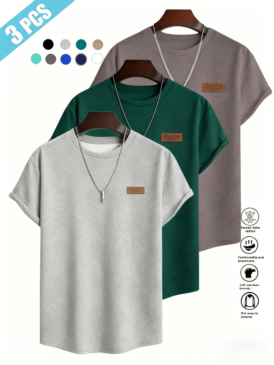 [Villa Le Water OBM] 3pcs Set Men'S Summer Fashion Round Neck T-Shirt, 3D Geometric Pattern Men'S Top, Comfortable And Versatile Short Sleeve, Suitable for Outdoor Street, Daily Casual, Outdoor Sports - Light Gray+Dark Green+Gray Brown