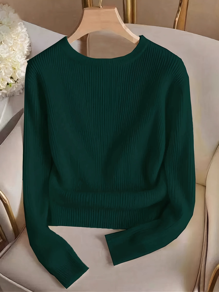 Women'S Fashion Slim Fit Crew Neck Fake Button Long Sleeve T-Shirt - Dark Green