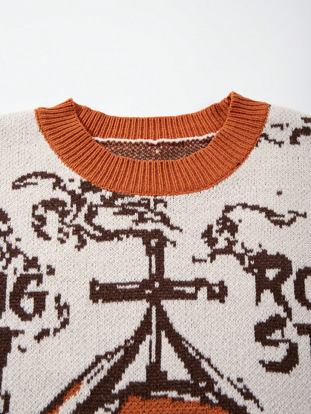 Halloween Skull Cross Unisex Sweater Fashion Casual Holiday Round Neck Long Sleeve Loose Ribbed Knit Pullover - Orange