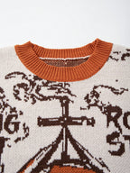 Halloween Skull Cross Unisex Sweater Fashion Casual Holiday Round Neck Long Sleeve Loose Ribbed Knit Pullover - Orange