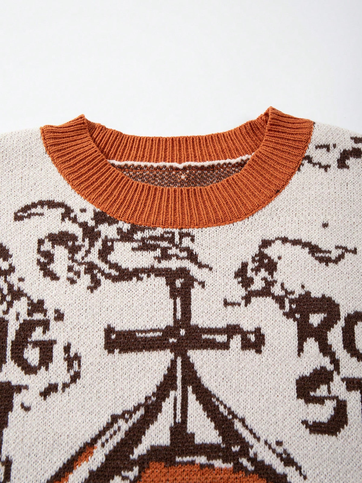 Halloween Skull Cross Unisex Sweater Fashion Casual Holiday Round Neck Long Sleeve Loose Ribbed Knit Pullover - Orange