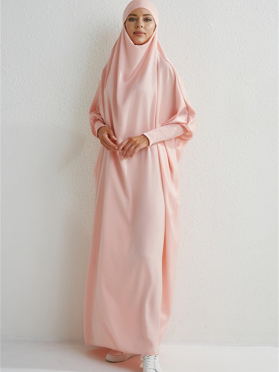 Islamic Attire for Women Featuring a Hooded Jilbab with Smocking Sleeves, Designed for Prayer, Suitable for Modesty in Dubai And Saudi Arabia, Available in Black - Pink