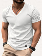 180g 100% Men's V-Neck Short-Sleeve Top, Casual T-Shirt, Solid Color Base Layer, "5-work" Summer All-Season Base Layer, Factory-Made for Men, Comfortable, High Quality, High Fit Rate, Casual Sportswear - White