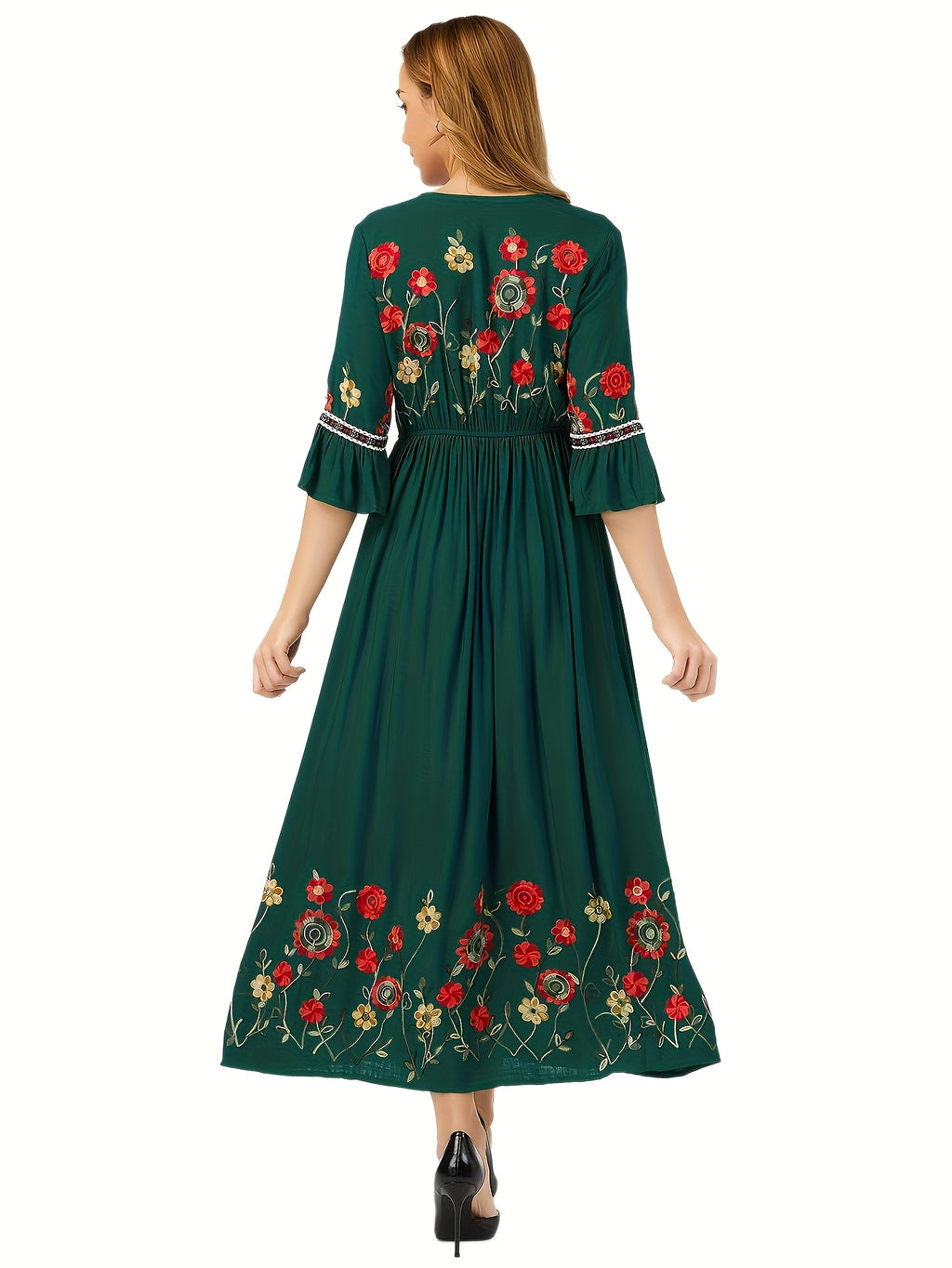 Bohemian Style Women'S Floral Embroidered Maxi Dress - V-Neck, 3/4 Sleeve, Elastic High Waist, Slight Flare Skirt, Ideal for Wedding Guests, Vacation, And Casual Wear - Dark Green