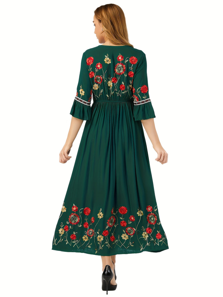 Bohemian Style Women'S Floral Embroidered Maxi Dress - V-Neck, 3/4 Sleeve, Elastic High Waist, Slight Flare Skirt, Ideal for Wedding Guests, Vacation, And Casual Wear - Dark Green