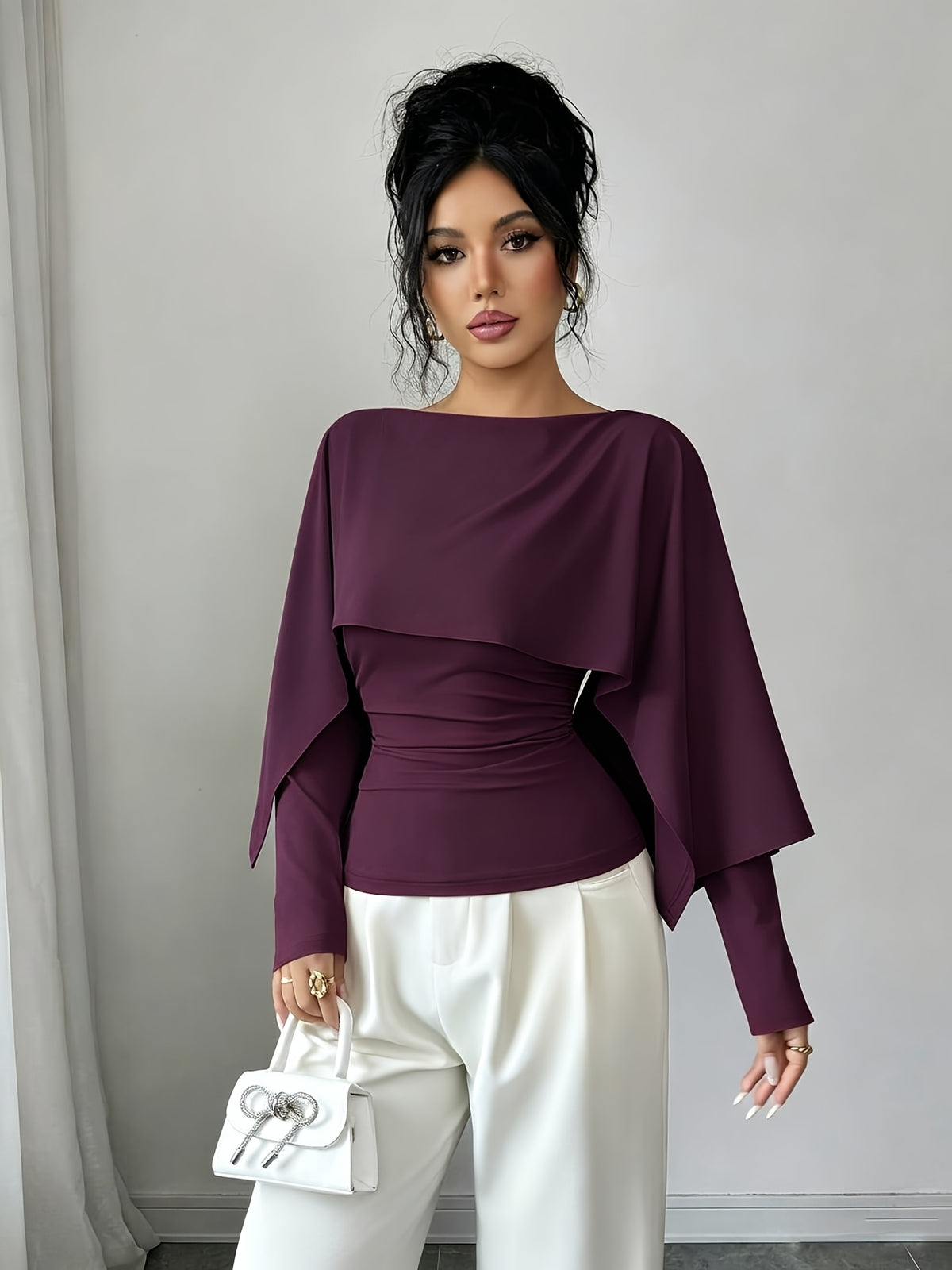 Women's Fashionable Solid-color V-neck Pleated Shawl-style Long-sleeved Fitted T-shirt with Side Pleats for Waist Shaping and an Irregular Shawl Design as a Base Layer T-shirt, Suitable for Early Autumn Season. - Purple