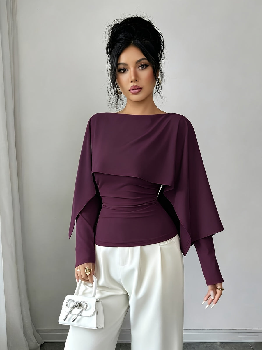 Women's Fashionable Solid-color V-neck Pleated Shawl-style Long-sleeved Fitted T-shirt with Side Pleats for Waist Shaping and an Irregular Shawl Design as a Base Layer T-shirt, Suitable for Early Autumn Season. - Purple