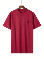 2025 Summer New Arrival Men's Color-Block Striped Short-Sleeve Henley Shirt, Cool and Breathable - Red