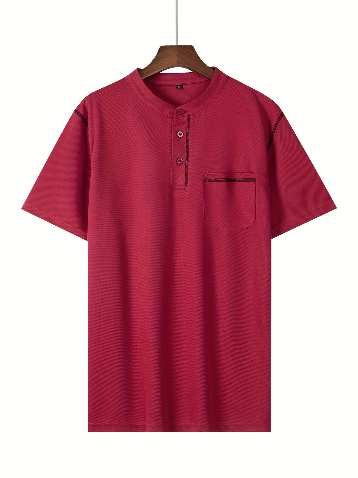 2025 Summer New Arrival Men's Color-Block Striped Short-Sleeve Henley Shirt, Cool and Breathable - Red
