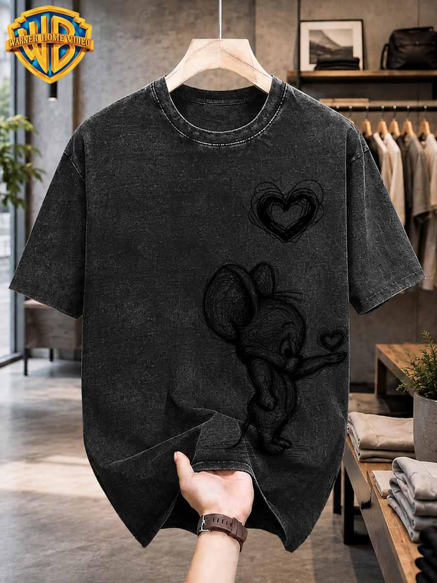 Warner Bros. Licensed Men'S Washed Retro T-Shirt, Sketch Style Classic Cartoon Character Kissing Heart Print, Hand-Drawn Line Graffiti Loose Round Neck Short Sleeve Top, Western Street Trendy Casual Summer Men'S Clothing - Black